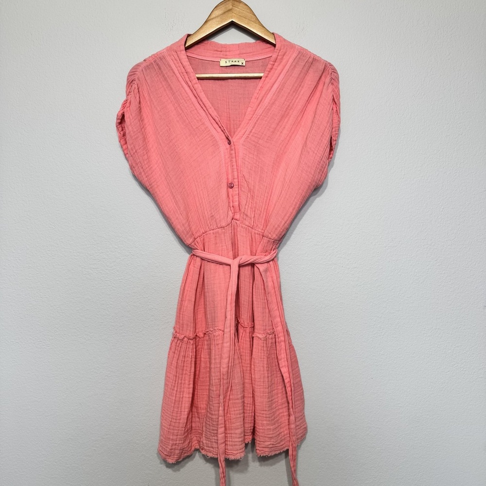 Stark X‎ Dress Women's Small Orange Gauze Tiered Belted V-Neck Sundress Mini